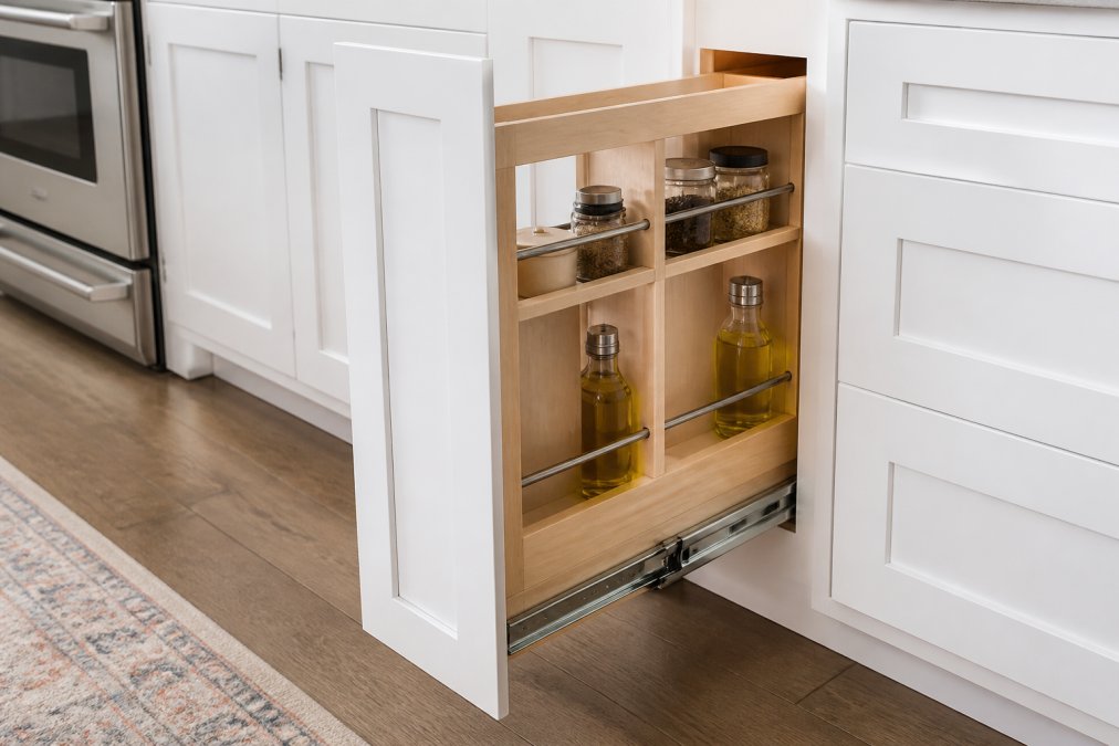 Close-up of a pull-out organizer drawer being smoothly extended from a cabinet base, showing divided compartments with kitchen items neatly stored and easily accessible, stainless steel hardware visible
