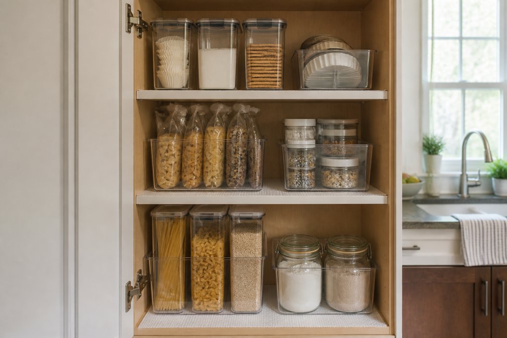 Open kitchen cabinet interior displaying neatly organized clear stackable containers, labeled containers holding pasta and baking supplies, shelf liners protecting the cabinet surface, natural kitchen lighting illuminating the organized items