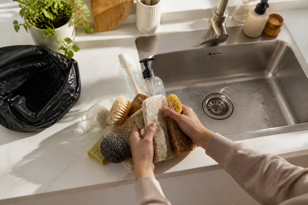 Overhead shot of a person's hands pulling a jumble of sponges, brushes, and bottles out of a kitchen sink area onto a clean countertop, morning light from a window, trash bag nearby