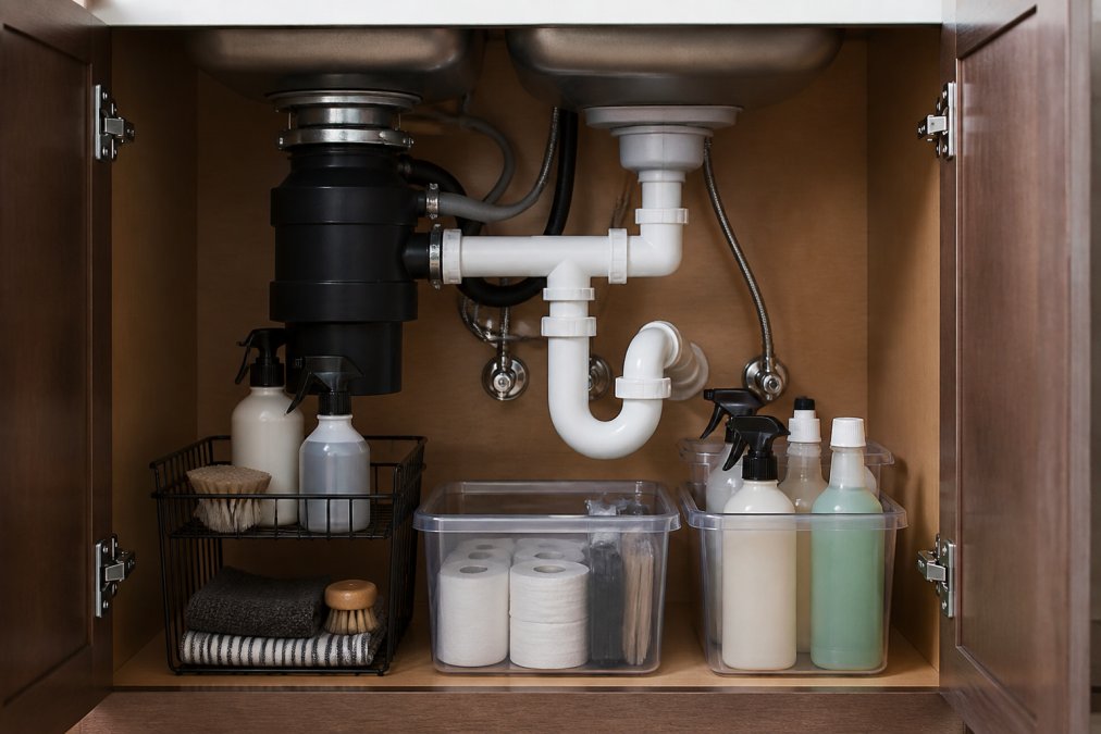 Close-up of an organized under-sink cabinet showing a P-trap and supply lines with storage containers positioned strategically around the plumbing fixtures, demonstrating proper spatial awareness