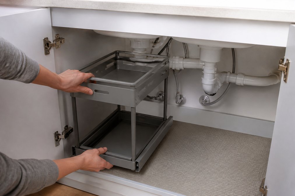 Hands positioning a sliding organizer into a cabinet space next to visible sink plumbing, demonstrating the tool-free installation process without drilling or permanent fixtures