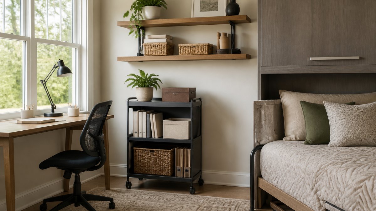 Modern home office with a rolling storage cart, floating shelves, and a clean desk bathed in natural window light.
