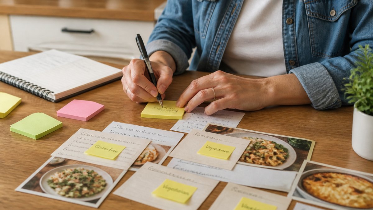 Close-up of hands writing dietary restriction labels on sticky notes and recipe cards spread across a kitchen table, with a notebook and pen visible in natural light