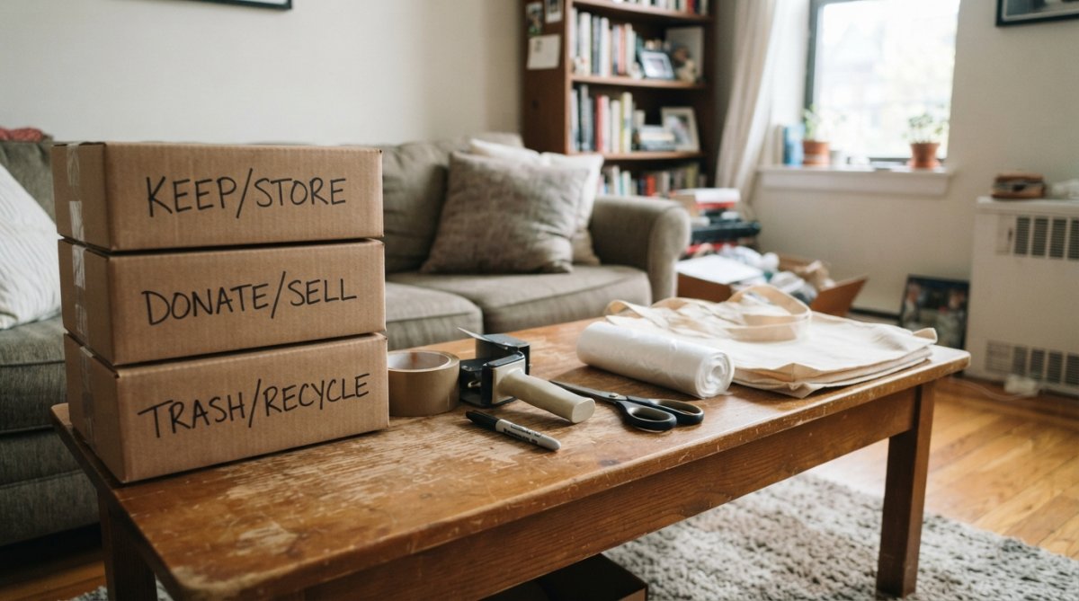 Process diagram showing steps for person and sorting and items concepts for organize small apartment budget