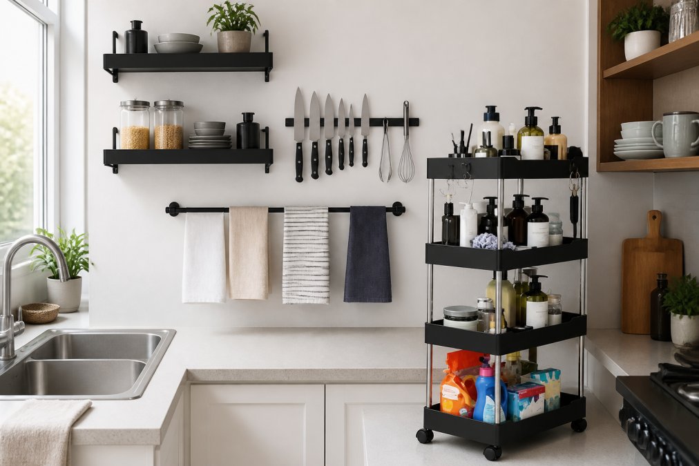 Step-by-step visual guide for organize small kitchen without cabinets