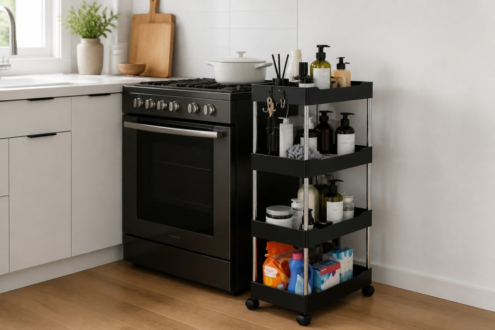 Professional illustration showing Scandinavian for organize small kitchen without cabinets