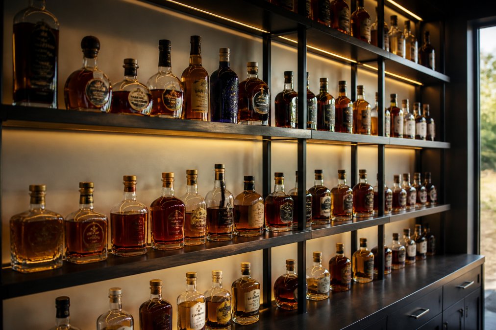 Well-organized home bar display with whiskey bottles arranged by ascending proof levels, lower-proof bottles on lower shelves with clear spacing, mid-range proof bottles at eye level, and high-proof cask strength bottles prominently displayed on upper shelves with proper ambient lighting highlighting the bottles