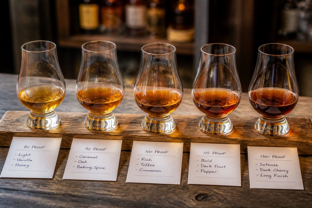 Professional tasting flight setup with five whiskey glasses arranged left to right in ascending proof order, containing bourbon and rye whiskeys from 80 proof to 130+ proof, with tasting notes cards visible, proper lighting showing amber and deep brown colors