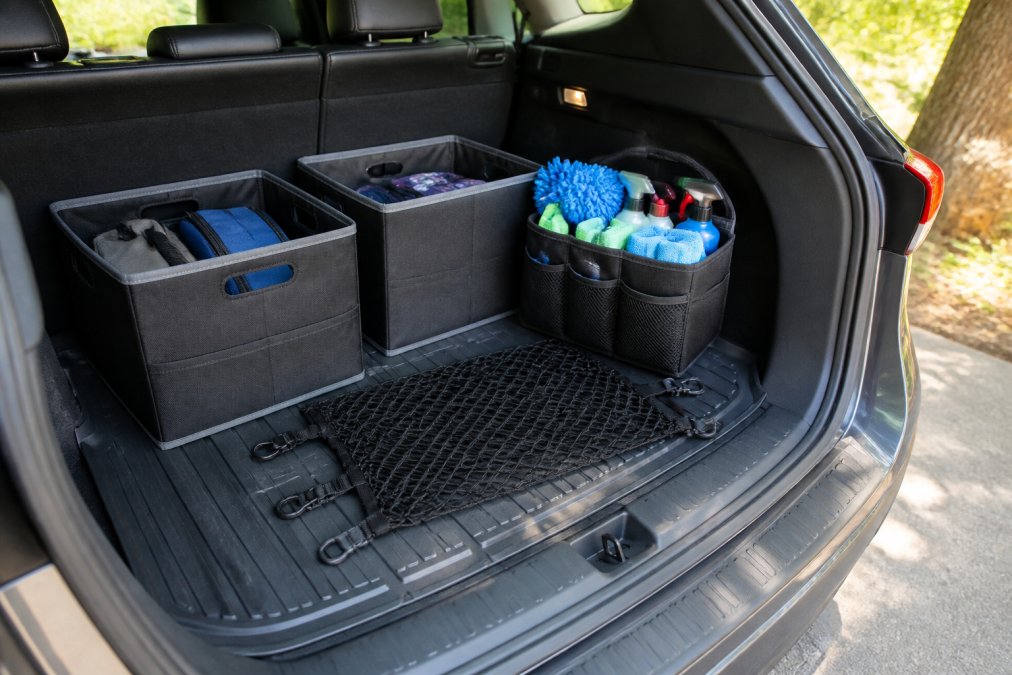 Close-up of affordable trunk organizers including collapsible canvas bins in various sizes, a cargo net with carabiners, and an anti-slip rubber trunk liner arranged on a vehicle trunk floor with natural outdoor lighting