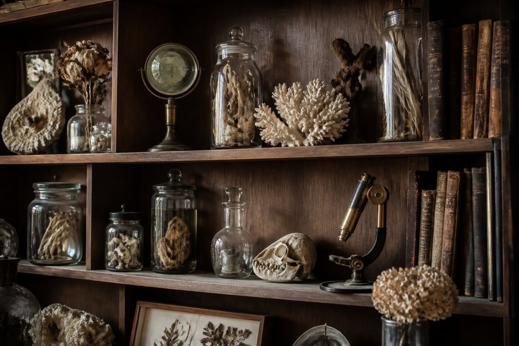 Antique cabinet displaying jars, books and scientific instruments