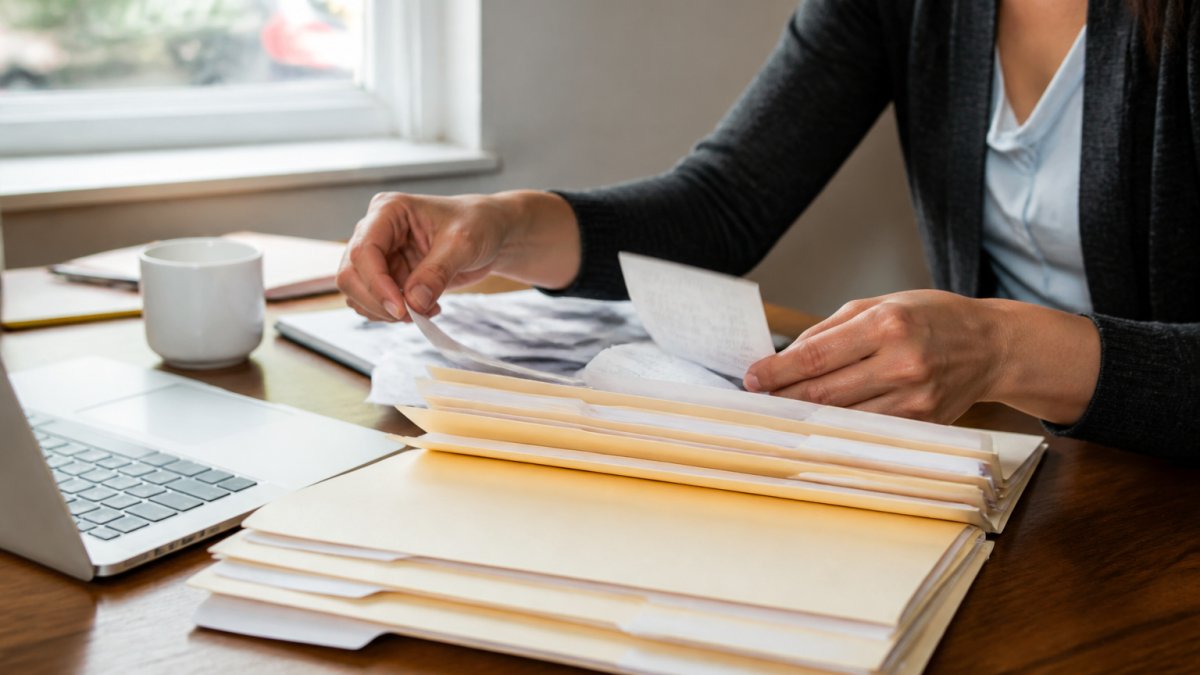 A small business owner at a tidy wooden desk sorting paper receipts into labeled manila folders beside an open laptop and a cup of coffee, soft morning light through a window