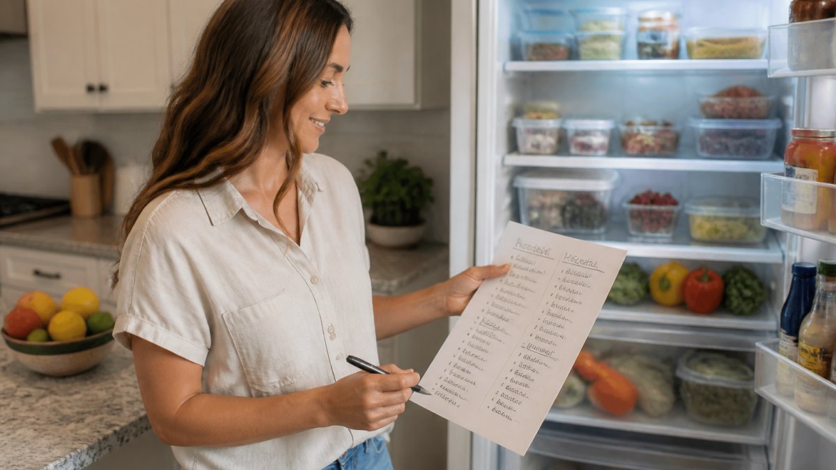 A mother in a bright kitchen holding a paper grocery list organized by store section, with a pen in hand and a full refrigerator visible behind her