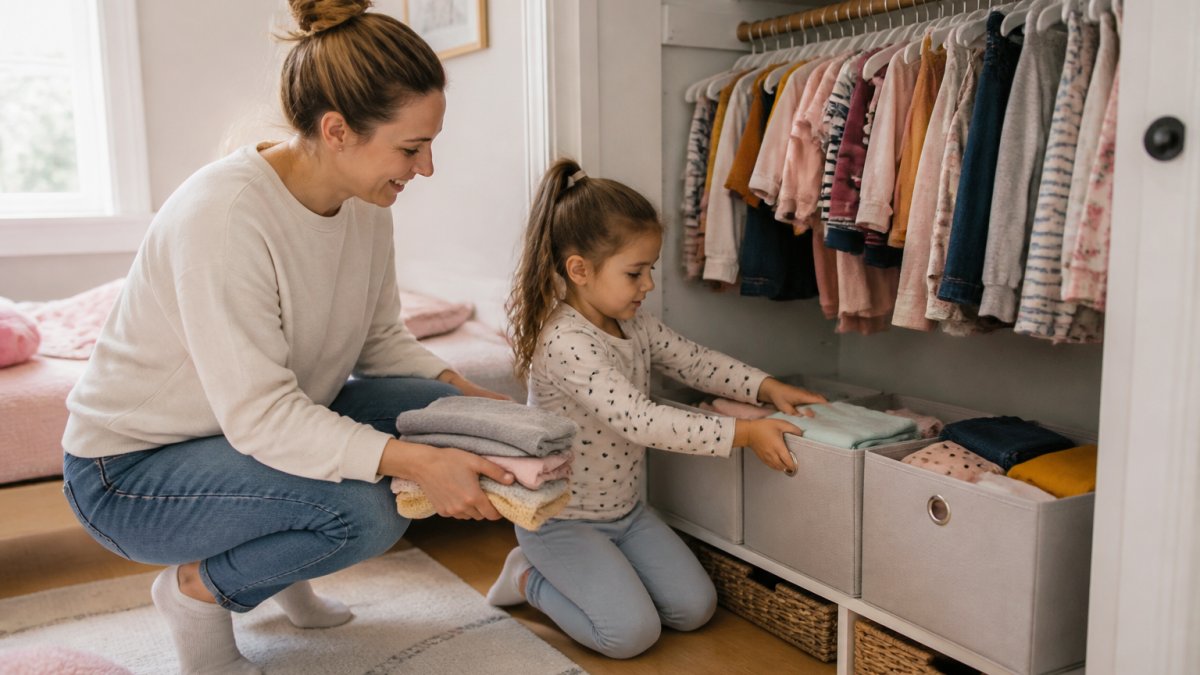 A parent and young child in a bright bedroom, placing folded clothes into low, labeled bins inside an open closet with a child-height rod