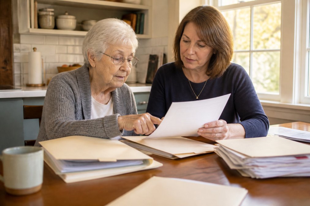 Infographic checklist for organizing important documents with an elderly parent and adult child at home