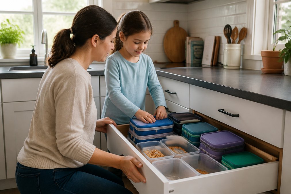 Parent and child organizing kitchen drawers with labeled bins for lunch packing in the morning light