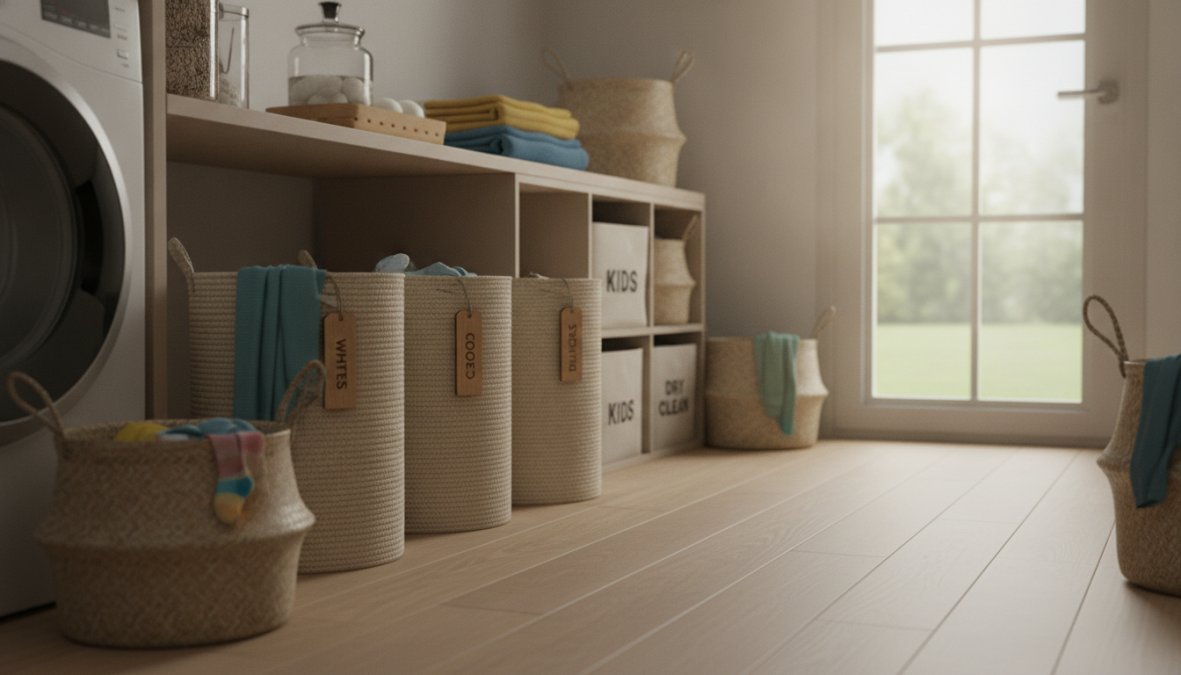 Professional illustration showing organizing laundry for busy parents