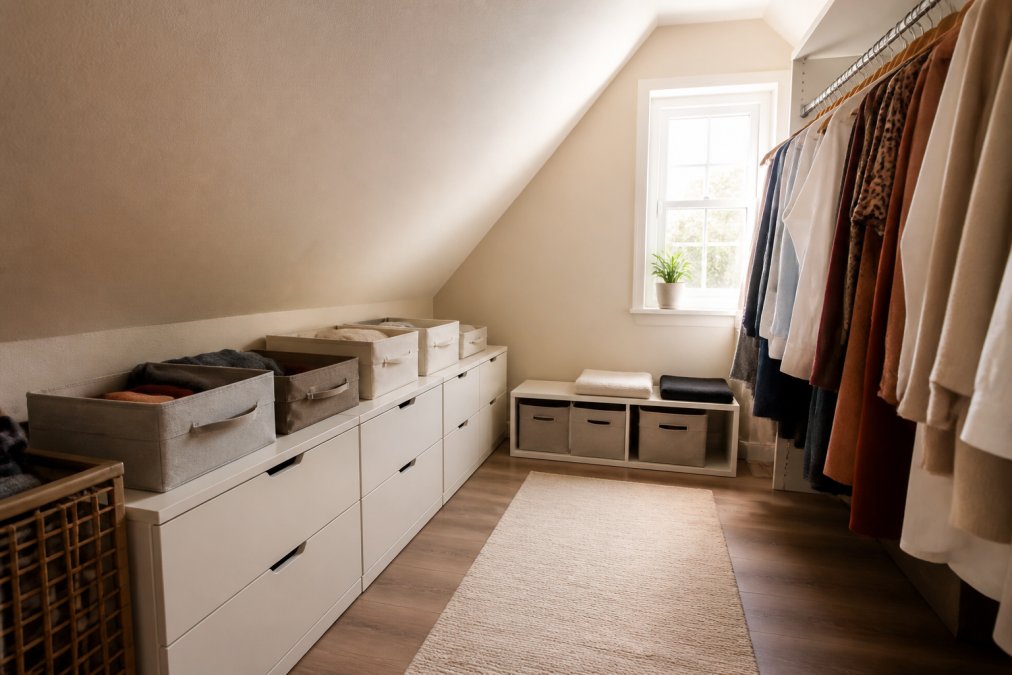 A tidy attic closet with a sloped ceiling showing low-profile drawer units tucked under the angled wall, fabric bins arranged on the floor, and hanging clothes on a rod positioned at the tallest point of the space, photographed in warm natural light from a small dormer window