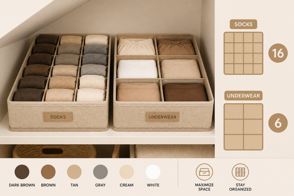 Close-up of neatly folded socks and underwear inside fabric drawer organizers placed on a low closet shelf, with soft natural light and a clean white background, showing color-coded sections and tidy folds
