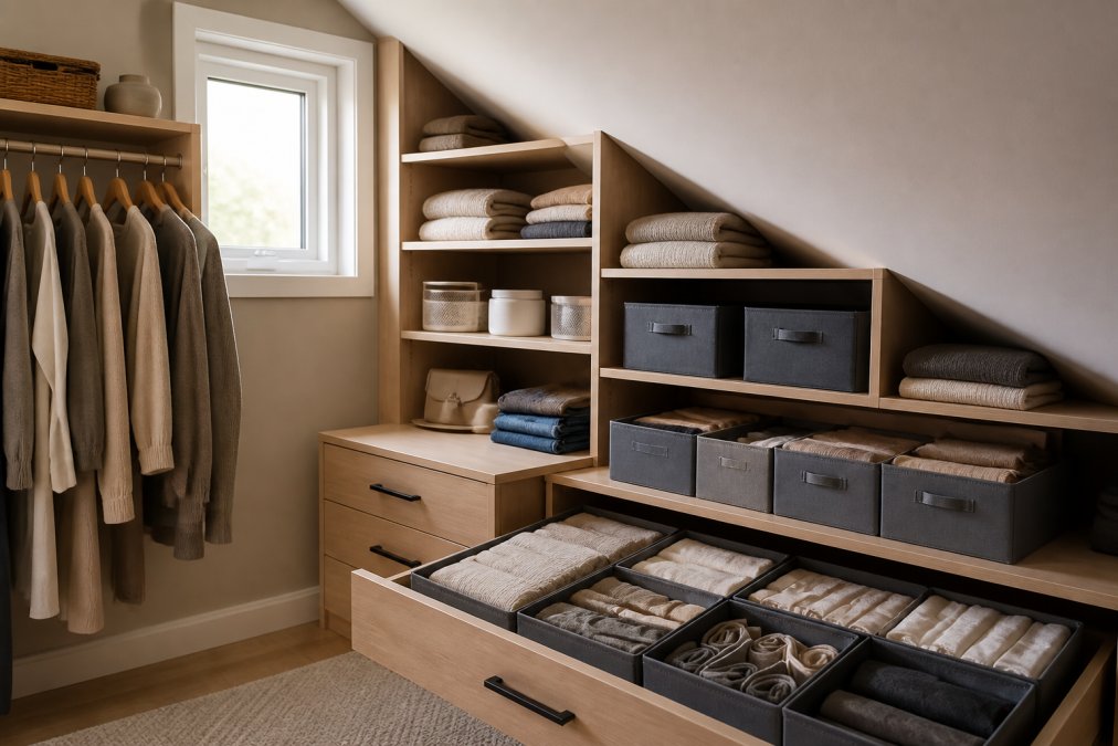 A neatly organized sloped ceiling closet featuring stair-step shelving with folded sweaters, organized storage bins, and hanging clothes on an angled wall with natural light from a small window