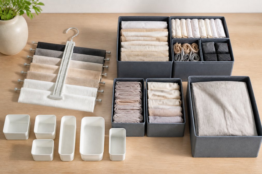 Flat-lay arrangement of closet organization accessories including fabric drawer dividers, a space-saving pant hanger holding multiple pairs of pants, small storage containers, and shelf dividers on a neutral wooden surface with soft natural lighting