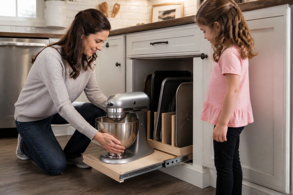Parent pulling a stand mixer from a pull-out shelf with vertical storage for small kitchen appliances nearby.
