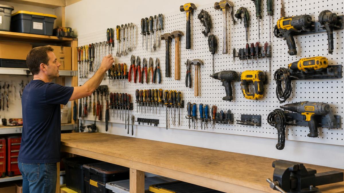 A homeowner mounting a pegboard and wall-mounted rack in a tidy garage, with hand tools and power tools hanging neatly, shelves and labeled bins visible in the background