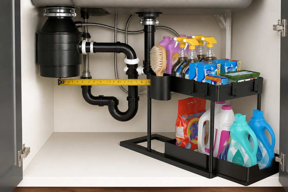 Close-up of an under-sink cabinet showing exposed drain pipes, garbage disposal unit mounted on the side, and offset P-trap configuration with measurement tape visible marking clearance distances