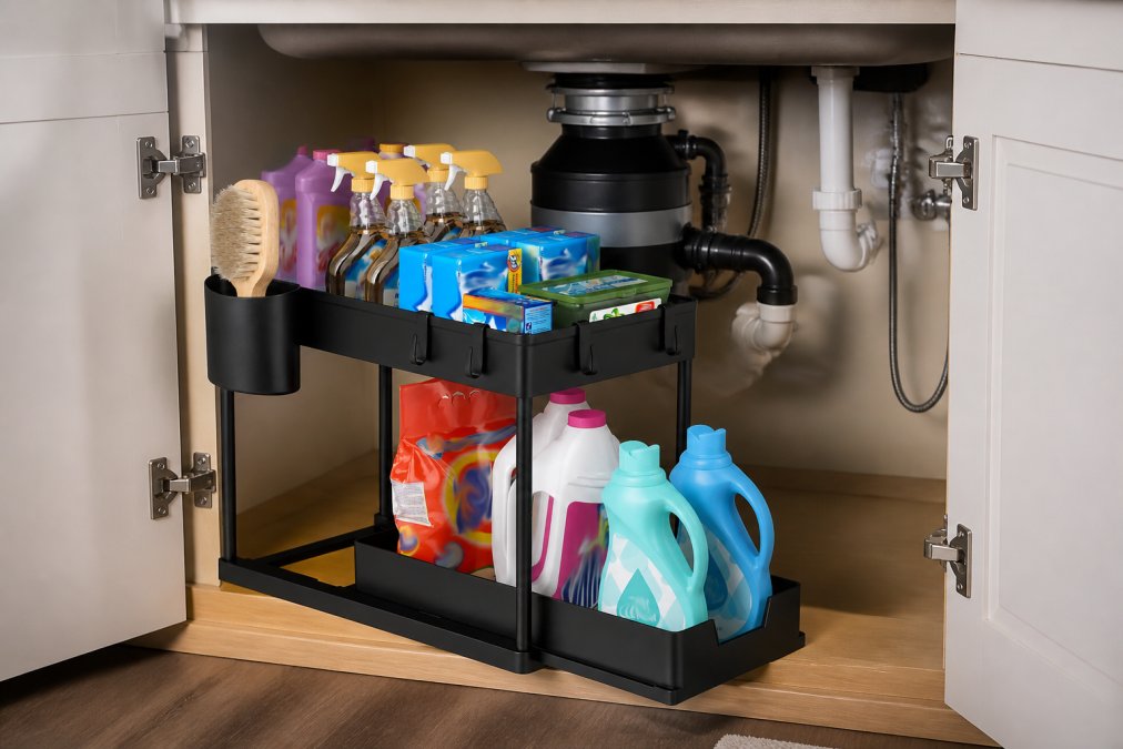 Organized under-sink cabinet featuring sleek white and natural wood organizers, minimalist containers with cleaning supplies neatly arranged, waterproof pull-out drawers, and clear sightlines showing Scandinavian-inspired design aesthetic with soft natural lighting