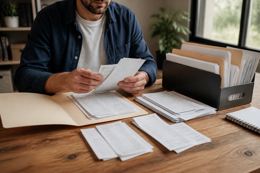 Person organizing vehicle service receipts, invoices, and maintenance documents on a wooden desk with a folder and filing system visible in natural office lighting