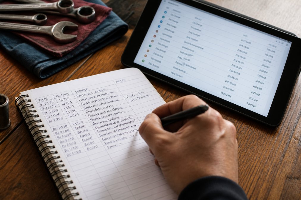 Close-up of a hand writing detailed maintenance information in a spiral notebook next to a tablet displaying a digital service log with organized records visible on screen