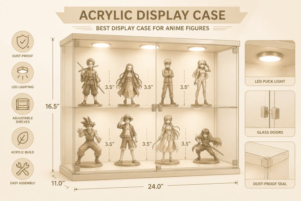 Close-up of illuminated acrylic display case containing PVC figures with LED puck lighting mounted above, showing dust-proof glass doors and organized arrangement with proper spacing