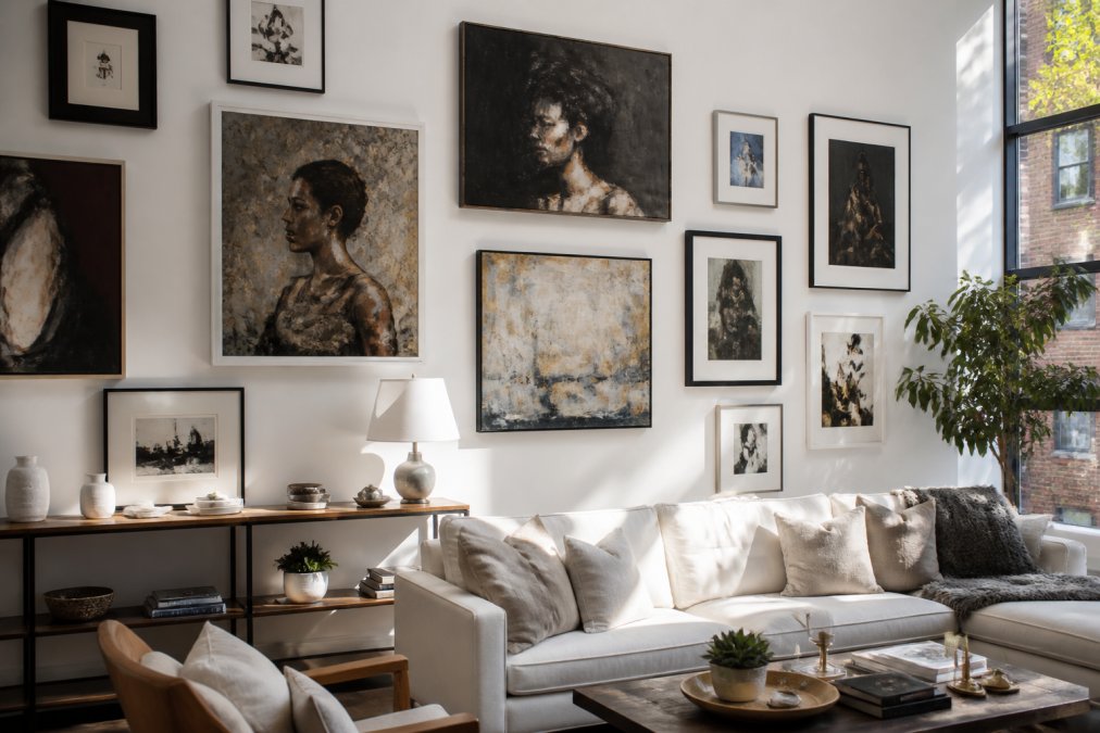 Gallery wall featuring framed original art and canvas prints arranged at varying heights in a sunlit living room
