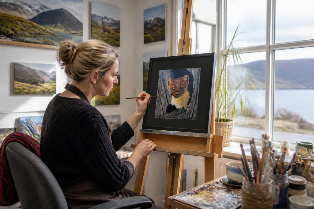 A Highland artist working at an easel in a bright studio space, surrounded by paintings of landscapes and wildlife, with natural light streaming through large windows