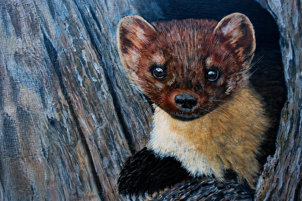 Close-up detail of an original acrylic painting showing visible, varied brushstrokes, impasto texture, and layered pigment with rich color depth on canvas