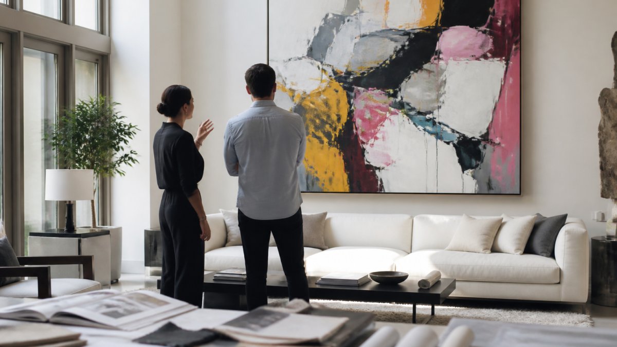 Interior designer and client assessing the scale of a large contemporary artwork above a living room sofa