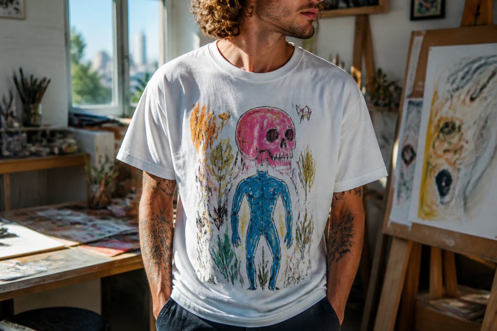 A close-up shot of a person wearing a vibrant graphic t-shirt with a hand-drawn illustration, standing in a creative studio with art supplies in the background, natural light highlighting the fabric texture