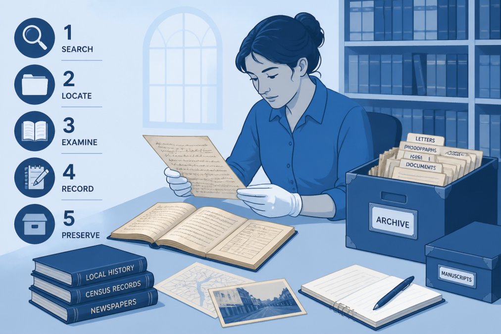 A researcher examining old handwritten letters and documents spread across a library table, with archival boxes nearby and a notebook for notes, natural afternoon light streaming through tall windows