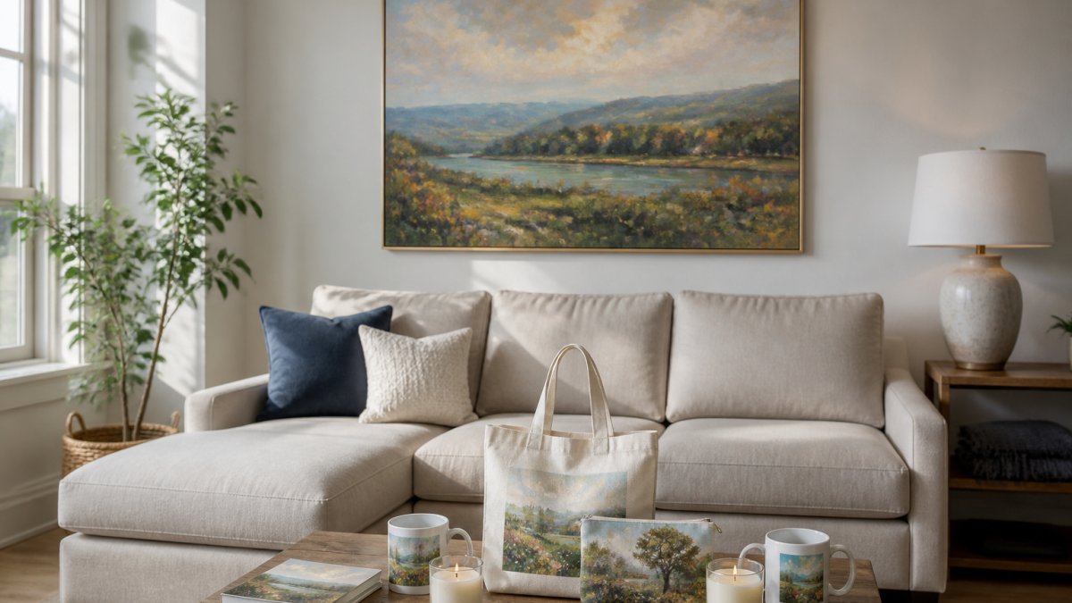 Bright modern living room with an original landscape painting hung above a neutral sofa, natural light streaming through large windows and illuminating the brushwork and color palette of the fine art