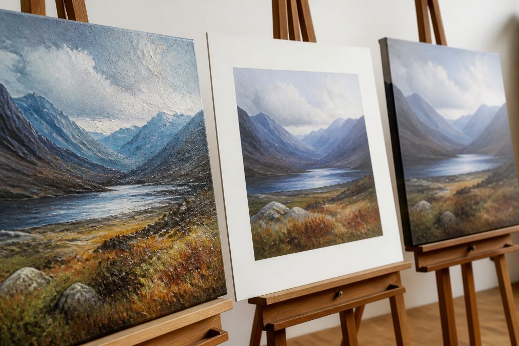 Professional illustration showing original vs reproduction scottish art