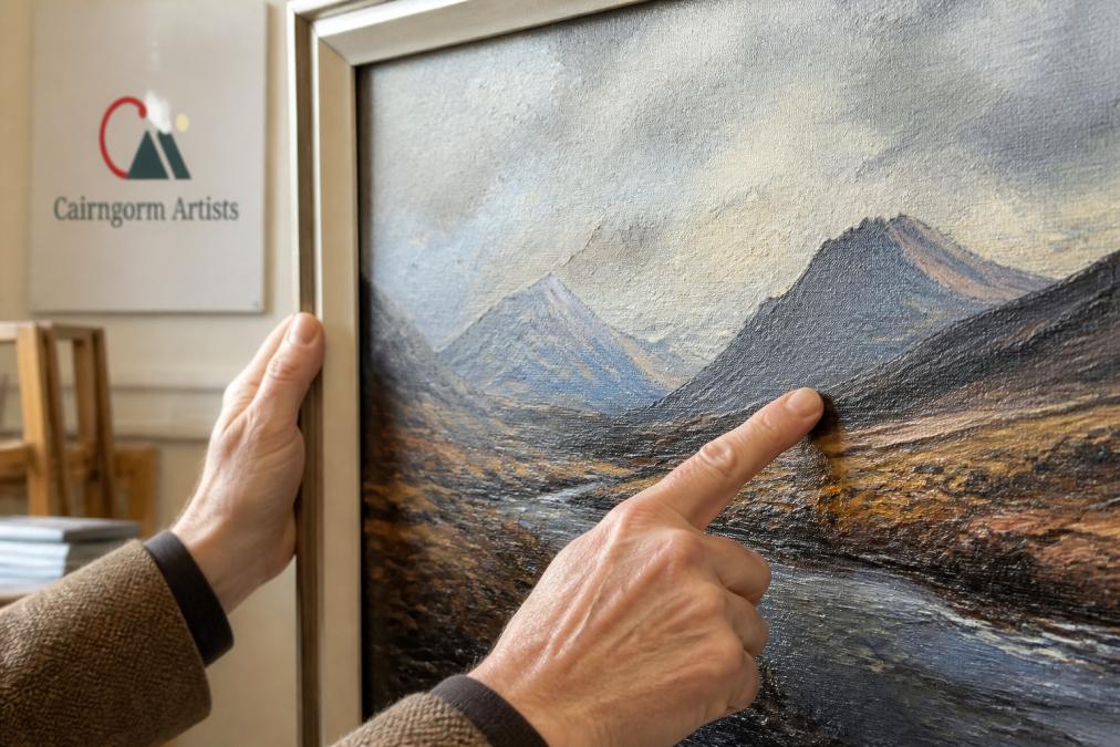 Close-up of hands examining the texture and brushwork detail of a framed Scottish Highland landscape painting, showing the tactile surface and layered paint application