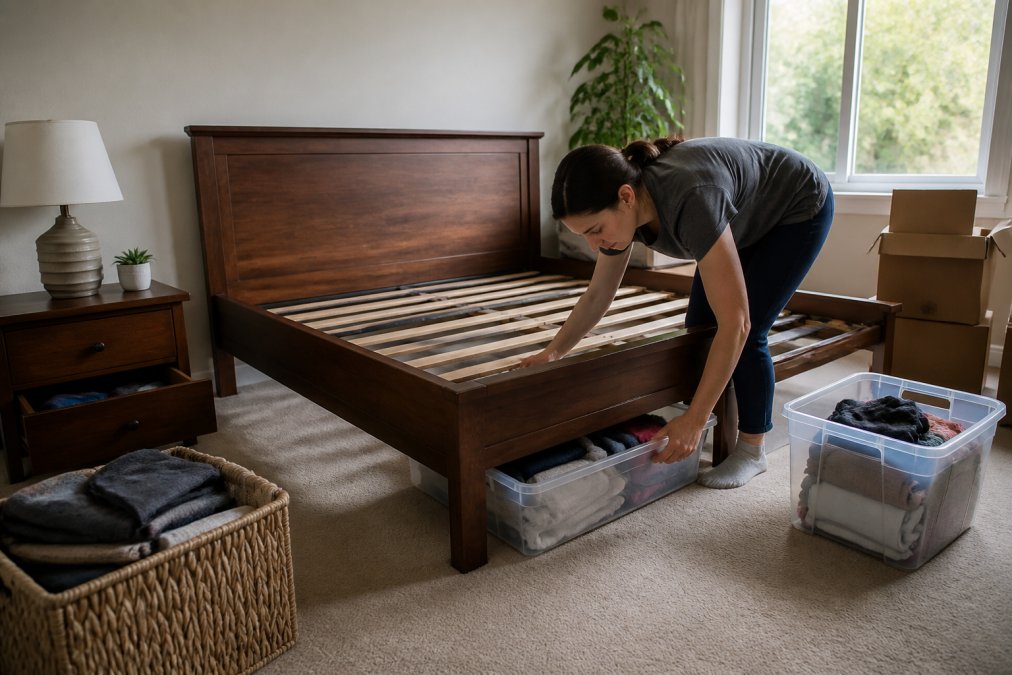Homeowner removing items from under a bed and nightstands, decluttering a bedroom in preparation for pest treatment, natural daylight from windows