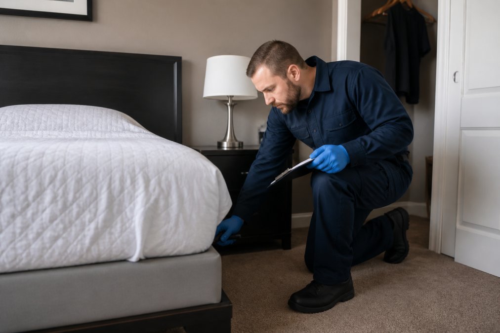 Professional pest control technician in uniform conducting a thorough home inspection with clipboard and inspection tools in a residential bedroom