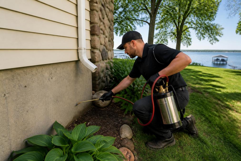 A licensed pest control technician in a branded uniform crouching to inspect the exterior foundation of a residential home near a lake shoreline, holding a professional spray applicator, on a clear Midwest summer day with green grass and blue water visible in the background