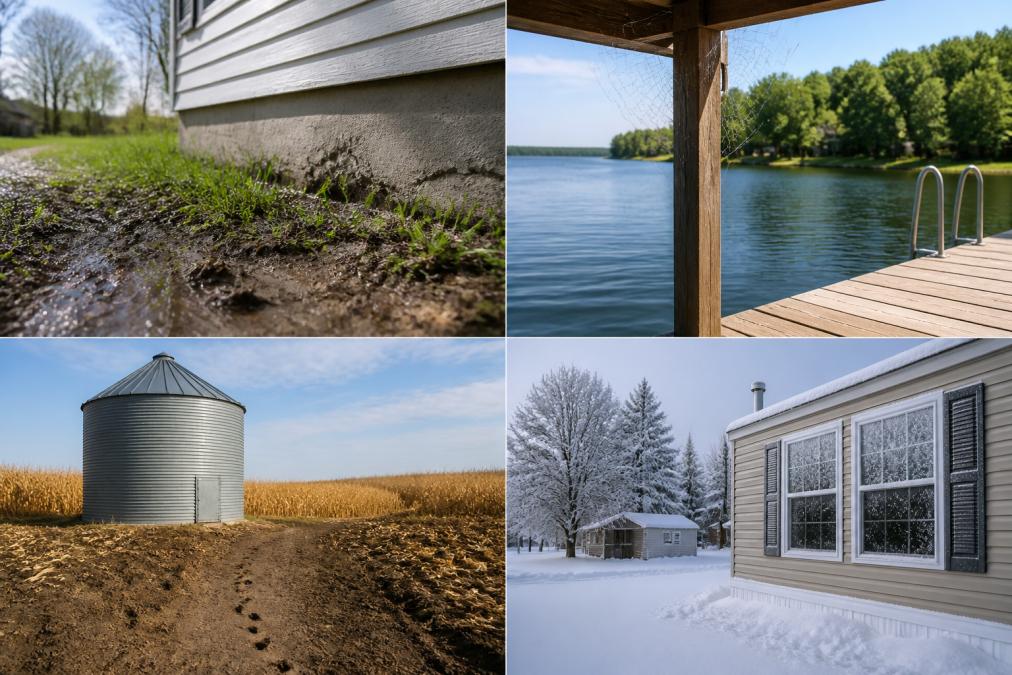 Four distinct seasonal scenes across a rural Iowa property: spring mud and emerging grass near a farmhouse foundation, a wooden dock over a lake in summer with visible spider webs in the corner posts, a grain bin surrounded by golden fall fields with mouse tracks in soft soil nearby, and a snow-covered rural trailer home in winter with frost on the windows
