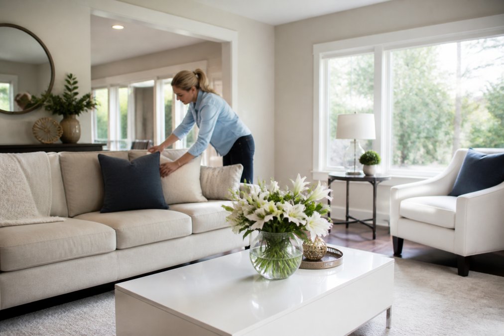 A bright, freshly staged living room with neutral paint tones, minimal decor, natural light streaming through clean windows, and a bowl of fresh flowers centered on a white coffee table