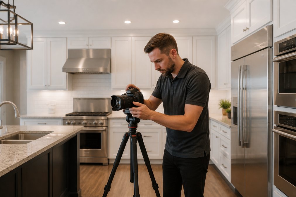 A professional real estate photographer adjusting a wide-angle camera on a tripod in a well-lit, staged kitchen with white cabinetry, modern stainless appliances, and clear granite countertops