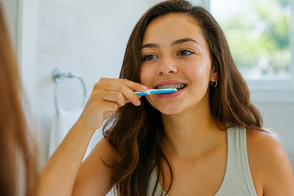 Teenager carefully brushing teeth around metal braces with a toothbrush angled at the gumline, demonstrating proper technique in a bright bathroom with natural lighting