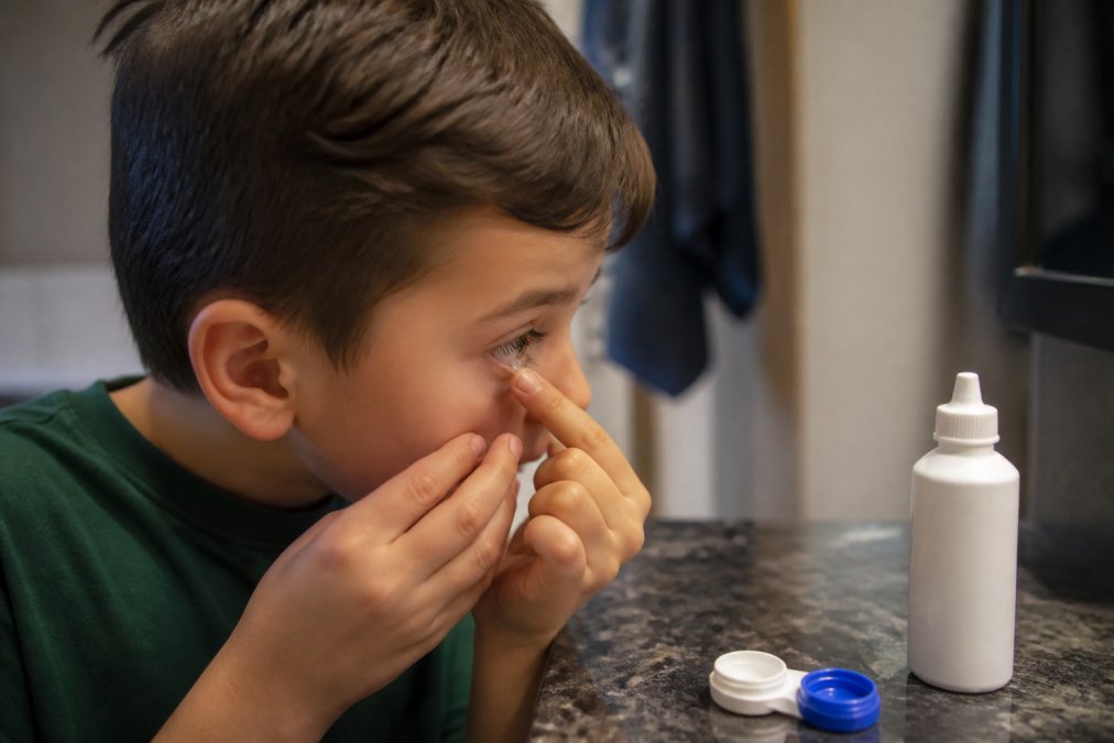 Close-up of a child's hands inserting an ortho-k contact lens into their eye during evening routine, with the lens case and solution bottle visible on a bathroom counter under soft lighting