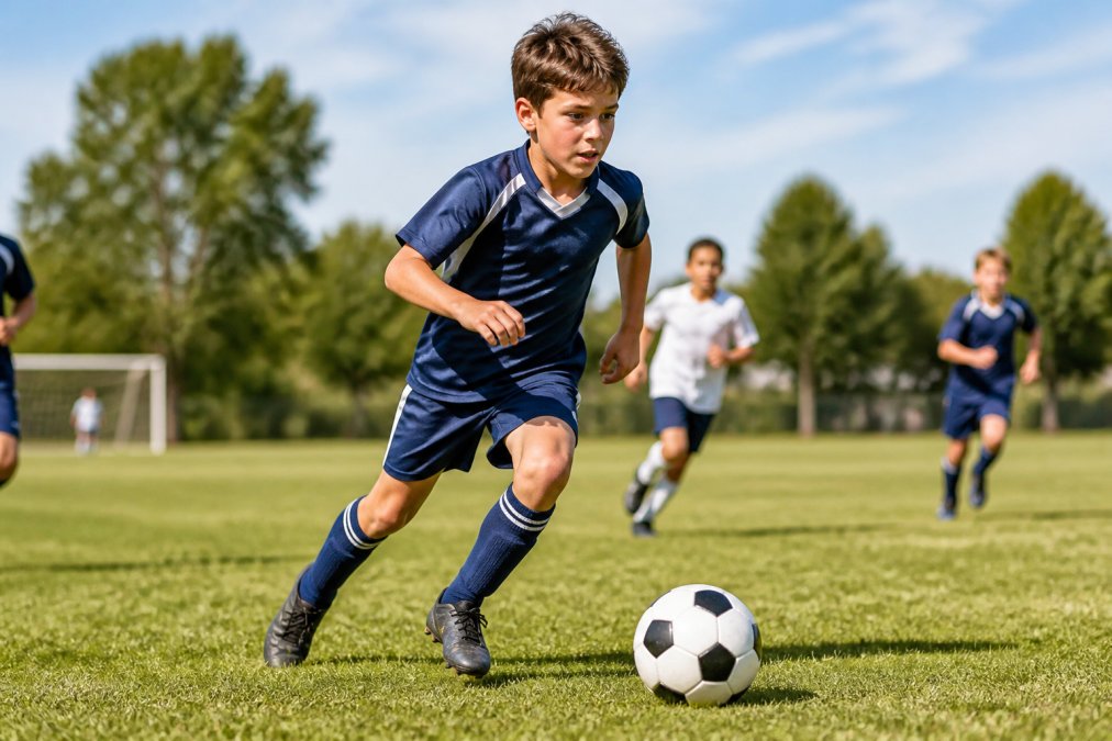 Young athlete playing soccer without glasses or daytime contacts, showing clear vision and freedom of movement during active play in bright outdoor lighting
