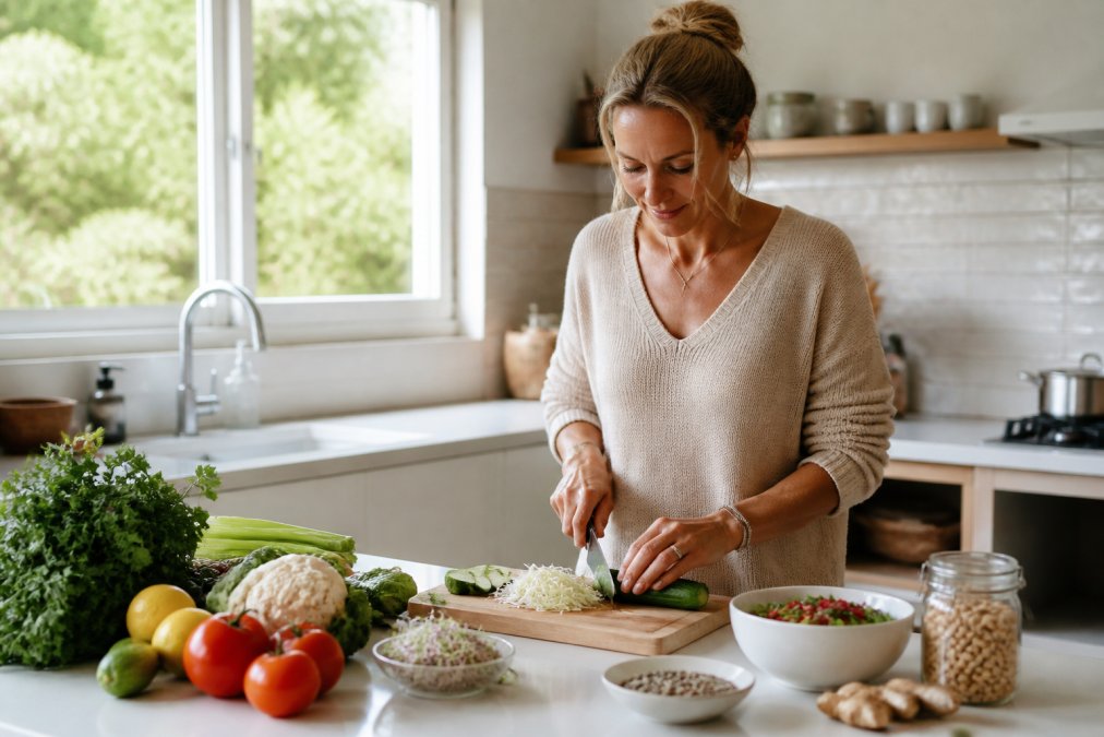 Vrouw bereidt gezonde maaltijd in keuken voor orthomoleculaire ondersteuning vermoeidheid met verse groenten en daglicht.